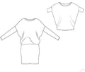 Schéma de la robe/top "Zanka", encolure bateau, manches amples et jupe moulante pour un style élégant.