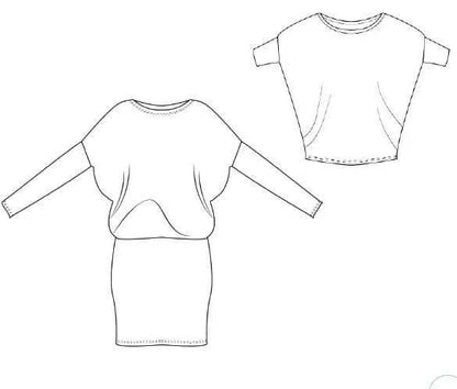 Schéma de la robe/top "Zanka", encolure bateau, manches amples et jupe moulante pour un style élégant.