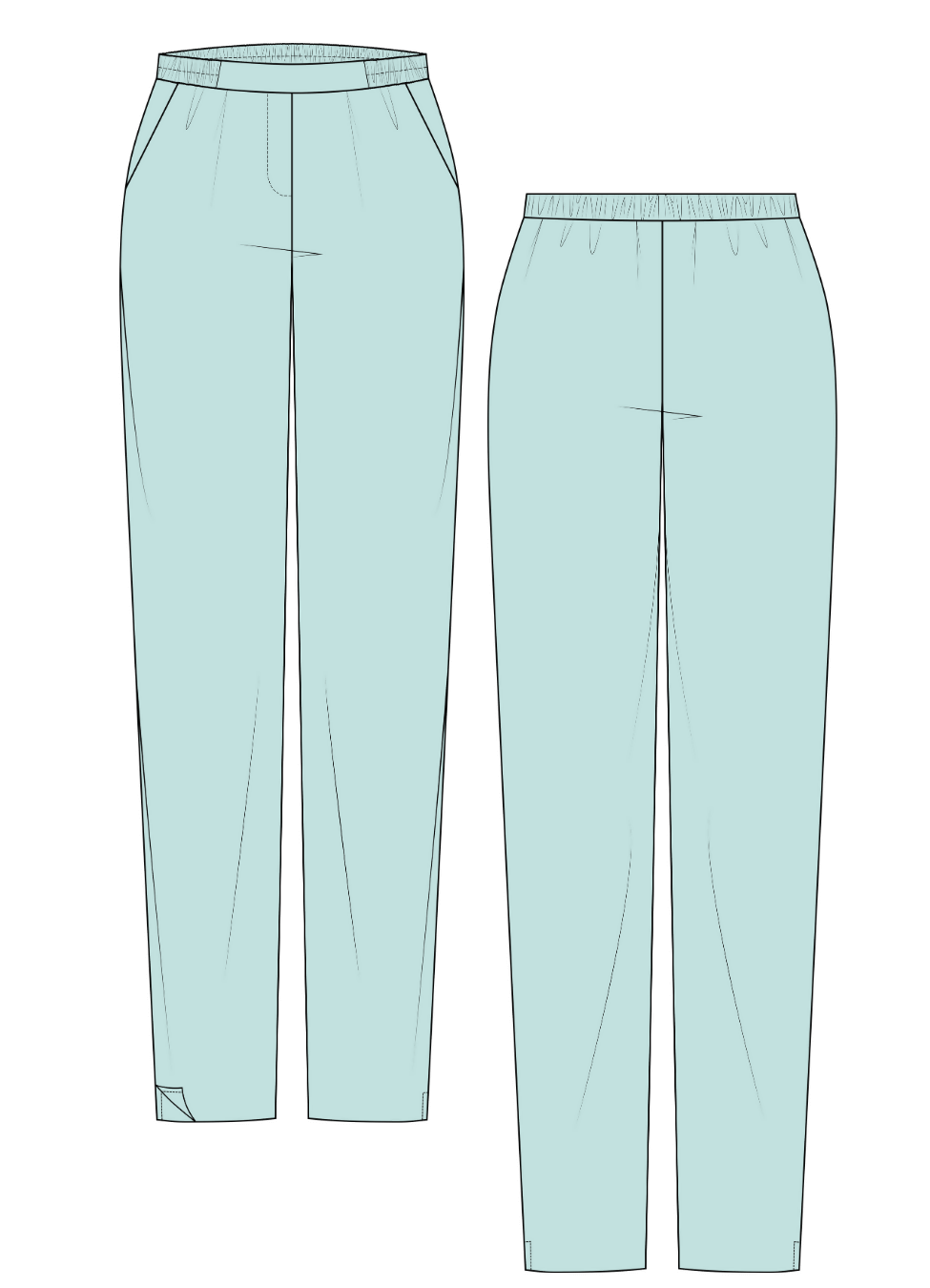 Illustration du SURI PANTALON-taille de 30 à 58 EU, patron de couture pdf à télécharger, avec ceinture élastiquée et poches pratiques.