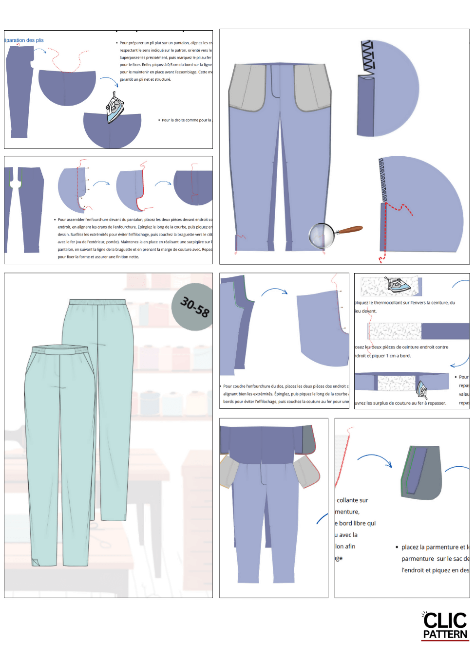Patron de couture PDF à télécharger pour SURI PANTALON-taille de 30 à 58 EU, illustrant les détails de couture et les poches spacieuses.