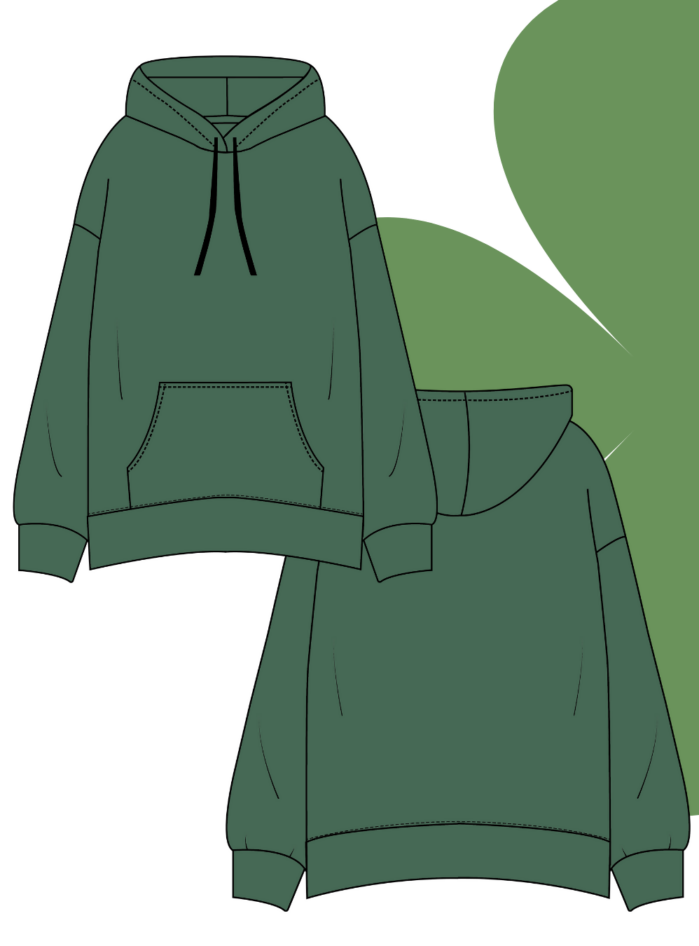 Illustration du SWEAT À CAPUCHE VERNA- -taille de 30 à 58 EU, patron de couture pdf à télécharger, tissu molletonné vert.