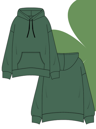 Illustration du SWEAT À CAPUCHE VERNA- -taille de 30 à 58 EU, patron de couture pdf à télécharger, tissu molletonné vert.