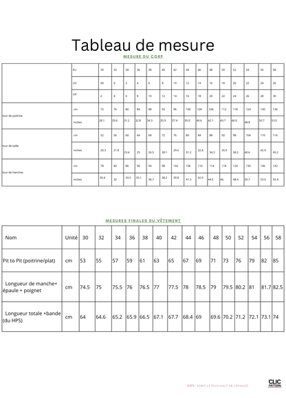 Tableau des tailles pour SWEAT À CAPUCHE VERNA- -taille de 30 à 58 EU, patron de couture pdf à télécharger, mesures du corps et vêtement.