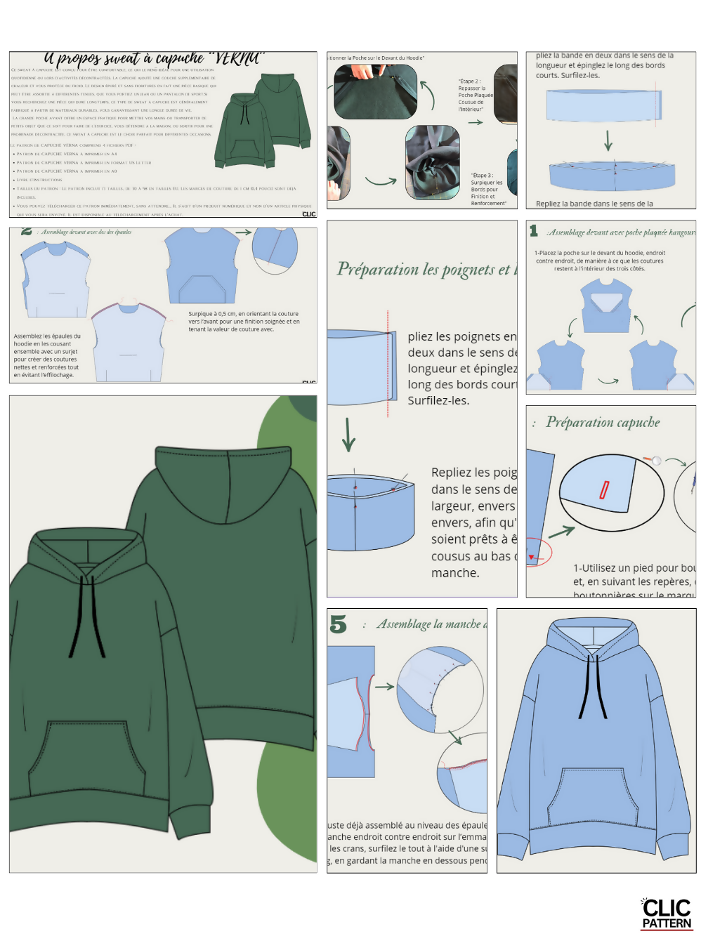 Patron de couture pdf à télécharger pour SWEAT À CAPUCHE VERNA- -taille de 30 à 58 EU, instructions de couture détaillées.