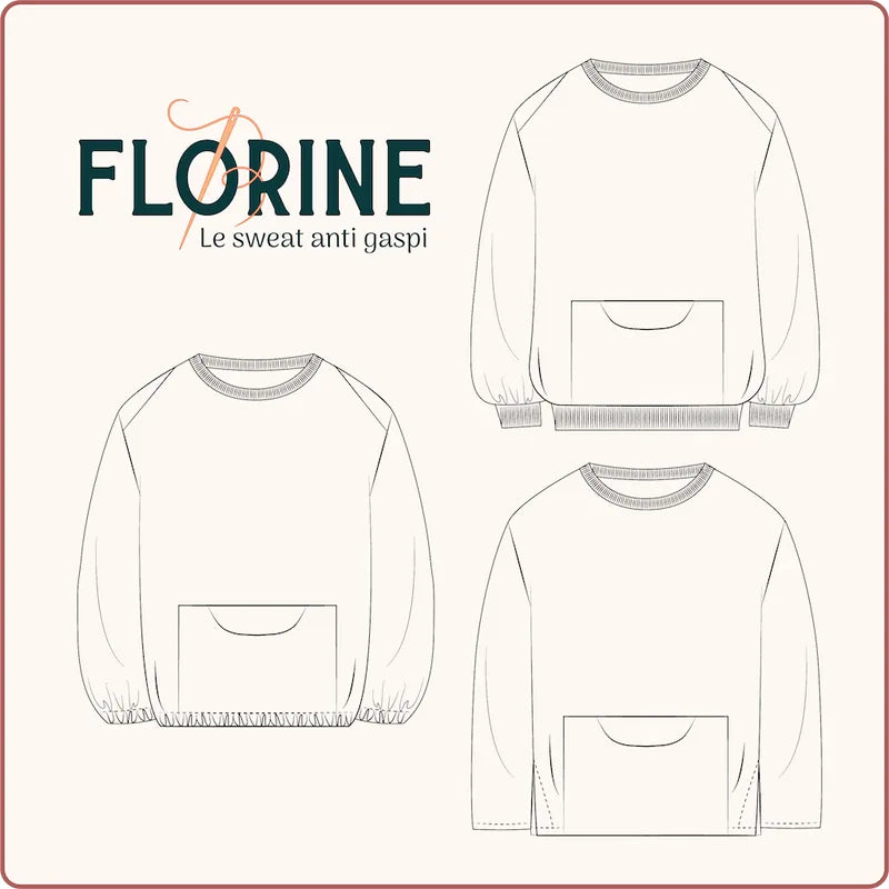 Patron PDF du sweat Florine, modèle sans chute, avec différentes finitions et poches. Tuto couture antigaspi.