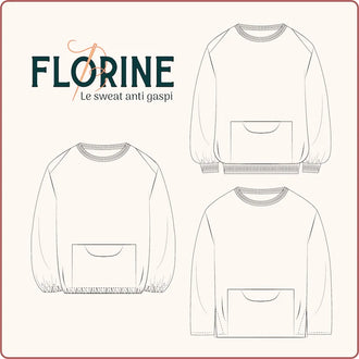 Patron PDF du sweat Florine, modèle sans chute, avec différentes finitions et poches. Tuto couture antigaspi.