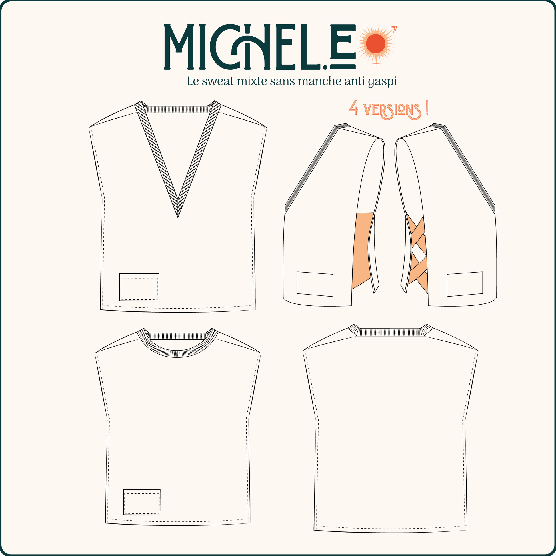 Patron de couture PDF à télécharger pour le SWEAT SANS MANCHES MICHEL.E avec 4 versions disponibles.