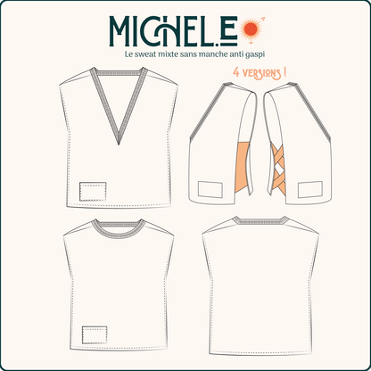 Patron de couture PDF à télécharger pour le SWEAT SANS MANCHES MICHEL.E avec 4 versions disponibles.