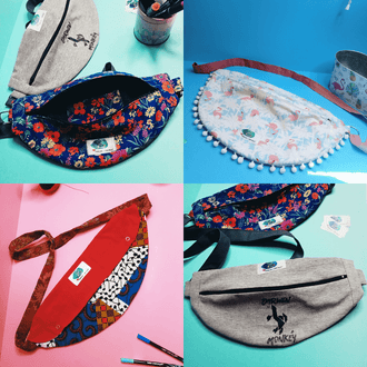 Sac Banane Kitrinos en différentes couleurs et motifs, idéal pour un patron de couture à télécharger.