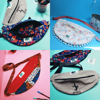 Sac Banane Kitrinos en différentes couleurs et motifs, idéal pour un patron de couture à télécharger.