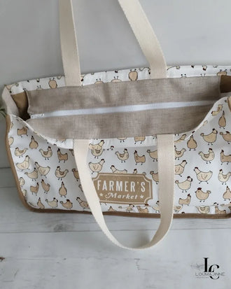 Patron PDF Sac cabas MARGARET, vue détail intérieur avec compartiments, toile coton motif poules, anses en coton écru