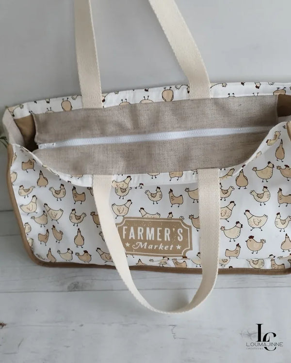 Patron PDF Sac cabas MARGARET, vue détail intérieur avec compartiments, toile coton motif poules, anses en coton écru