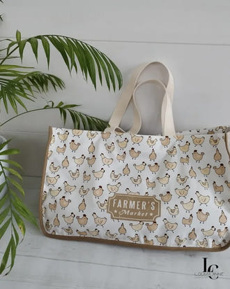 Patron PDF Sac cabas Margaret, sac à main imprimé poules, anses écru, coton blanc et beige