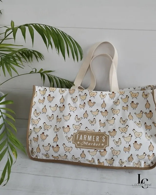 Patron PDF Sac cabas Margaret, sac à main imprimé poules, anses écru, coton blanc et beige