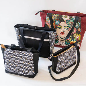 Sac cabas et sac à main, 4 tailles – Cumin avec motifs variés, patron de couture pdf à télécharger, options de fermeture disponibles.