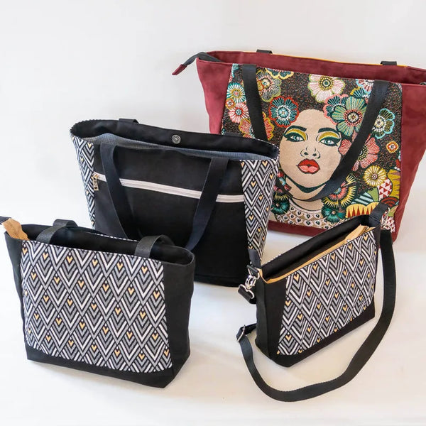 Sac cabas et sac à main, 4 tailles – Cumin avec motifs variés, patron de couture pdf à télécharger, options de fermeture disponibles.