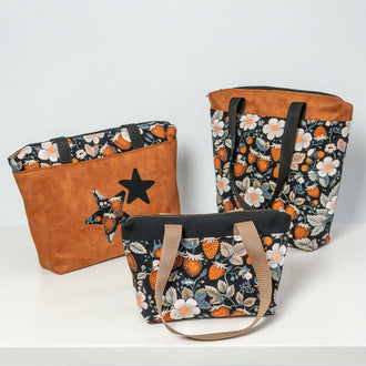 Sac cabas zippé, 3 formats – Fraise avec motifs floraux et étoile, idéal pour usage quotidien. Patron de couture pdf à télécharger.