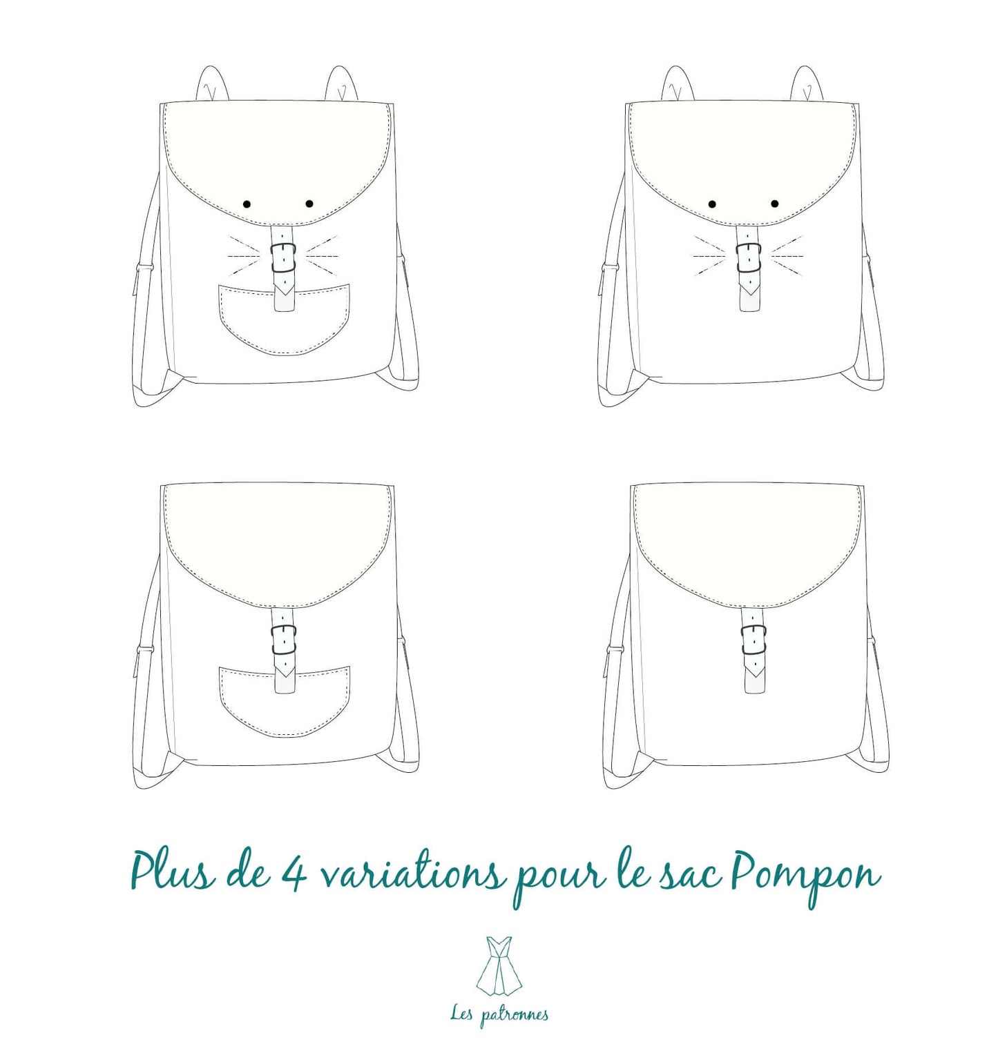Illustration de variations du Sac à dos Pompon, patron de couture pdf à télécharger, adapté pour enfants et adultes.