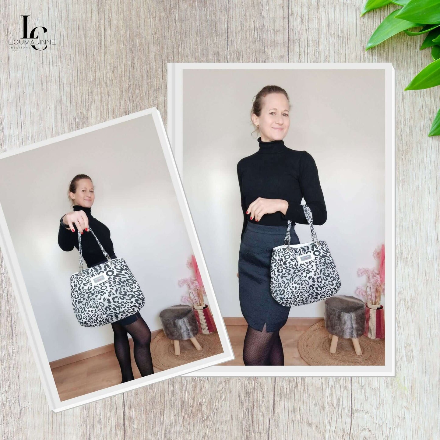 Femme tenant un sac réversible "Valérie" avec motif léopard, patron de couture pdf à télécharger, mode élégante.