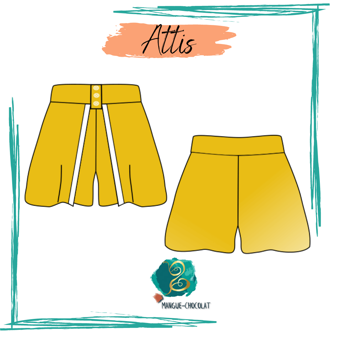 Illustration du Short Attis - T36 à 50, patron de couture pdf à télécharger, vue de face et dos, jaune avec ceinture large et boutonnière.
