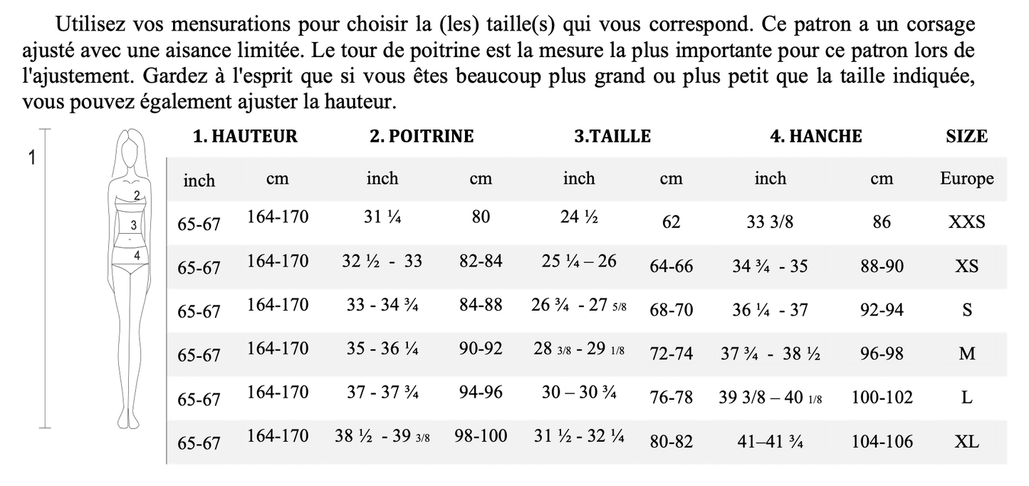 Tableau des tailles pour le patron de couture PDF Short Combinaison - XXS/XL - FRAGILE, mesurations en cm et pouces pour tailles XXS à XL.