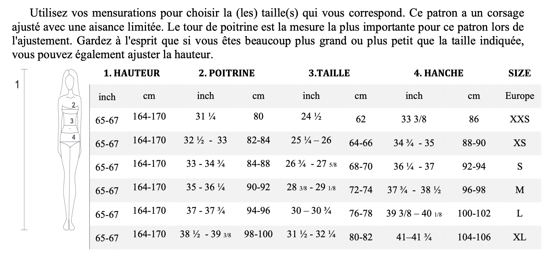 Tableau des tailles pour le patron de couture PDF Short Combinaison - XXS/XL - FRAGILE, mesurations en cm et pouces pour tailles XXS à XL.