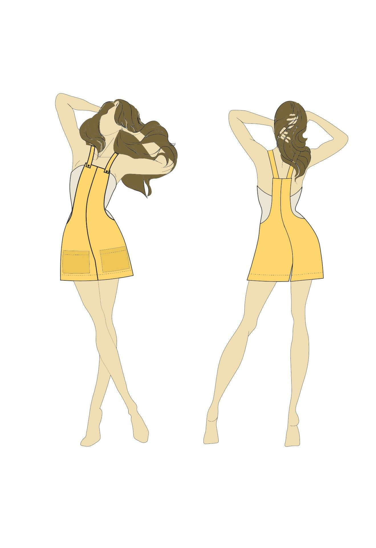 Illustration du patron de couture PDF à télécharger: Short Combinaison - XXS/XL - FRAGILE, vue avant et arrière en jaune.