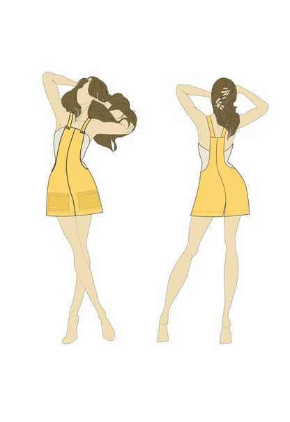 Illustration du patron de couture PDF à télécharger: Short Combinaison - XXS/XL - FRAGILE, vue avant et arrière en jaune.