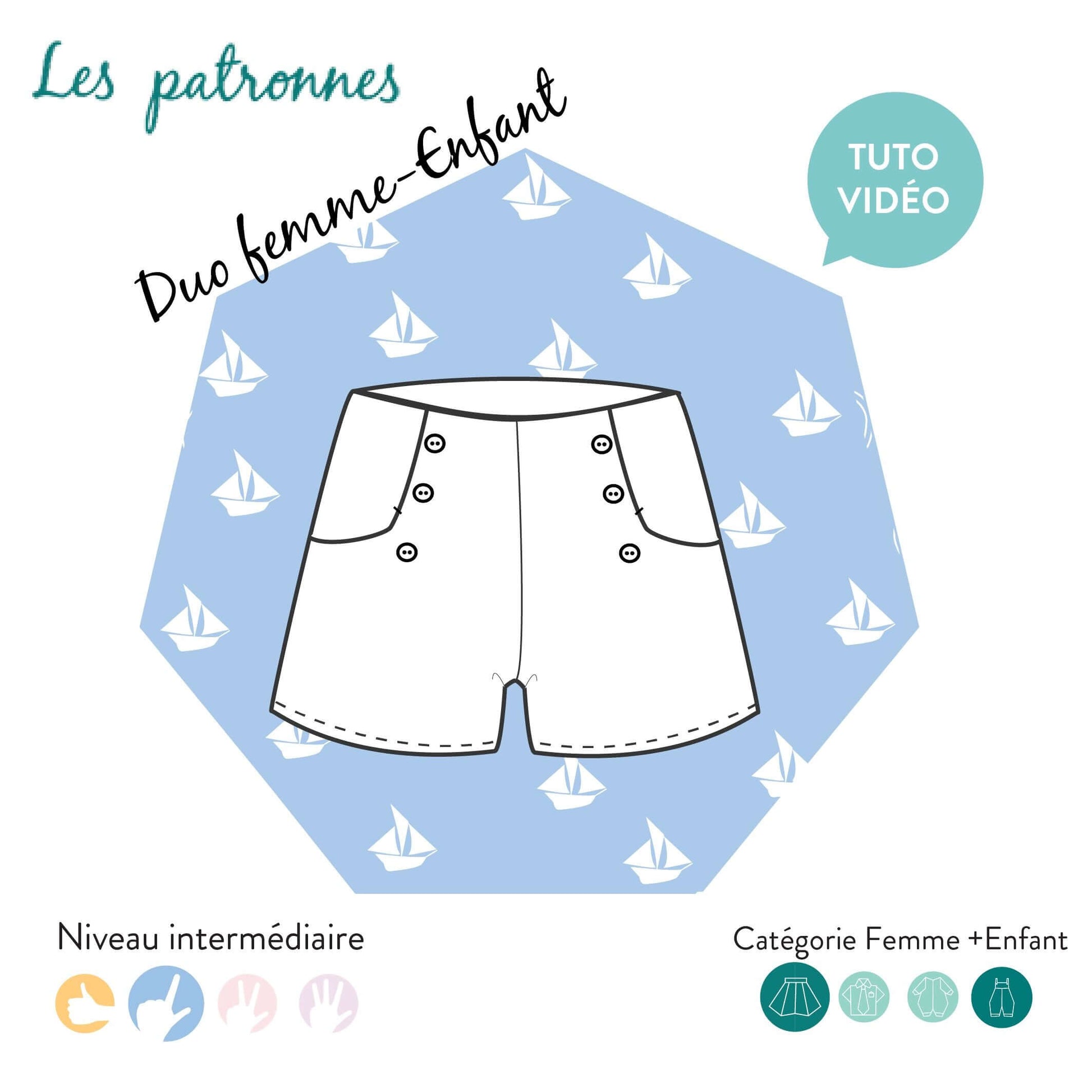 Short Titouan - femme et enfant en patron de couture pdf à télécharger, modèle illustré avec poche intégrée et tuto vidéo inclus.