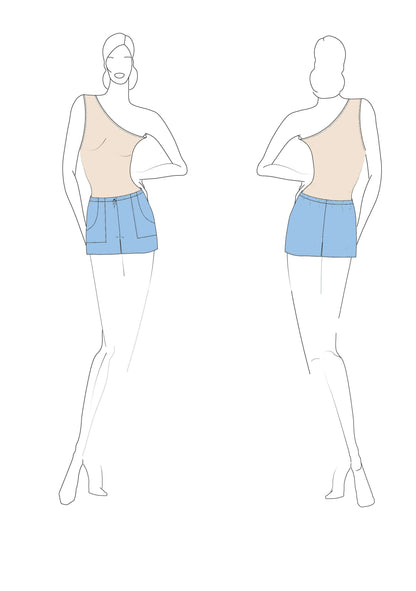 Illustration du patron de couture pdf à télécharger pour Shorts - S/XL - MELODY, vue avant et arrière, tailles S à XL.