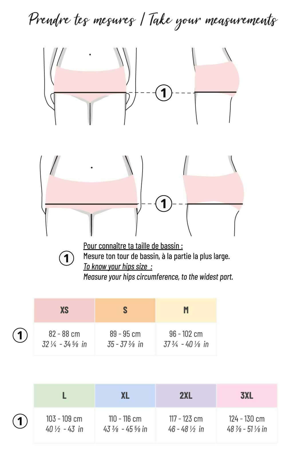 Guide to taking body measurements for sewing patterns, including size XS to 3XL, in French and English.