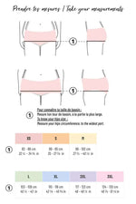 Guide to taking body measurements for sewing patterns, including size XS to 3XL, in French and English.