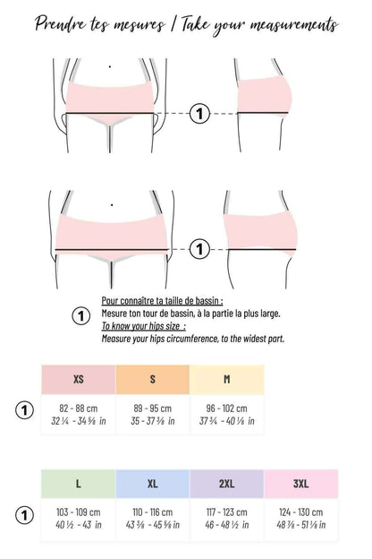 Guide de mesure pour patrons de couture PDF, incluant tailles XS à 3XL avec instructions claires.