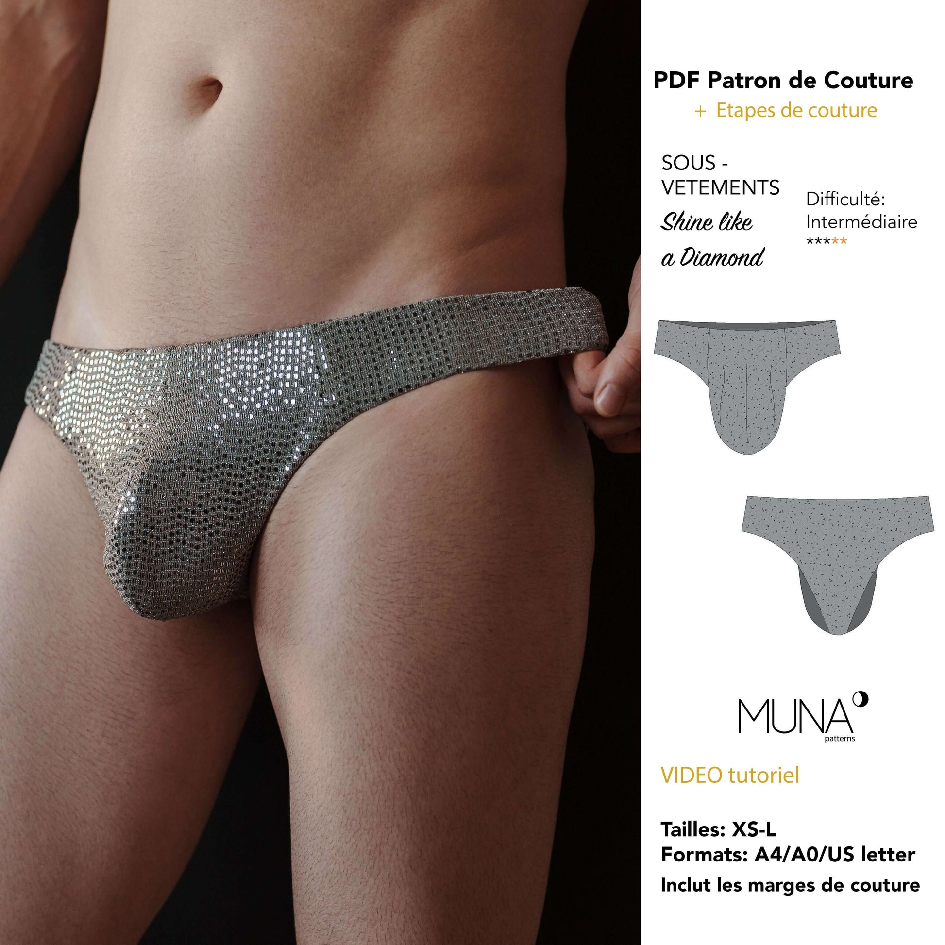 Sous vêtement homme - XS/L - SHINE LIKE A DIAMOND, patron de couture PDF à télécharger, niveau intermédiaire, tailles XS à L.