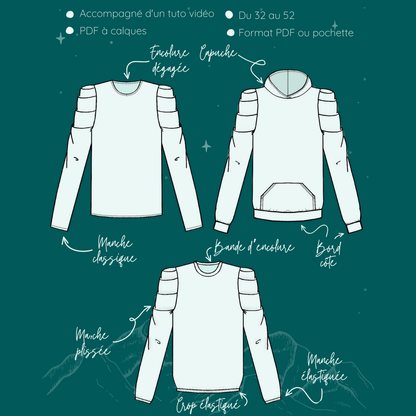 Illustration du Sweat Calao | Taille 32 à 52 avec options de manches plissées et détails du patron de couture pdf à télécharger.