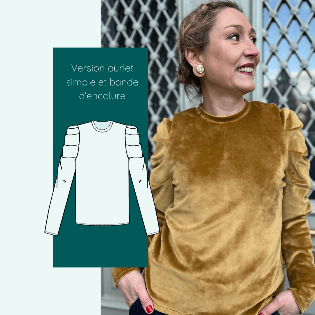 Patron de couture pdf à télécharger pour Sweat Calao | Taille 32 à 52, illustrant une femme portant la version avec ourlet simple.