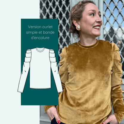 Patron de couture pdf à télécharger pour Sweat Calao | Taille 32 à 52, illustrant une femme portant la version avec ourlet simple.