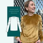 Patron de couture pdf à télécharger pour Sweat Calao | Taille 32 à 52, illustrant une femme portant la version avec ourlet simple.