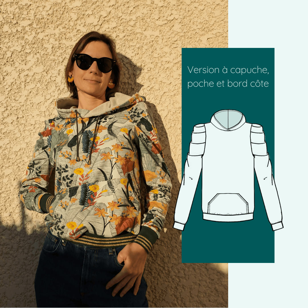 Sweat Calao | Taille 32 à 52 avec patron de couture pdf à télécharger, montrant un modèle en tissu floral avec capuche et bord-côte.