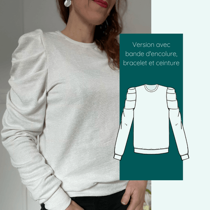 Sweat Calao | Taille 32 à 52, patron de couture pdf à télécharger, manches plissées, version avec bande d'encolure et bracelet