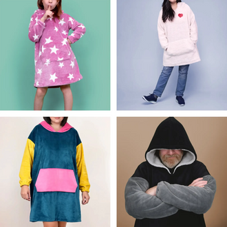 Collection Sweat Doudou Casimir Pack Famille, patrons de couture PDF à télécharger, incluant sweats-plaid oversize avec poche kangourou.