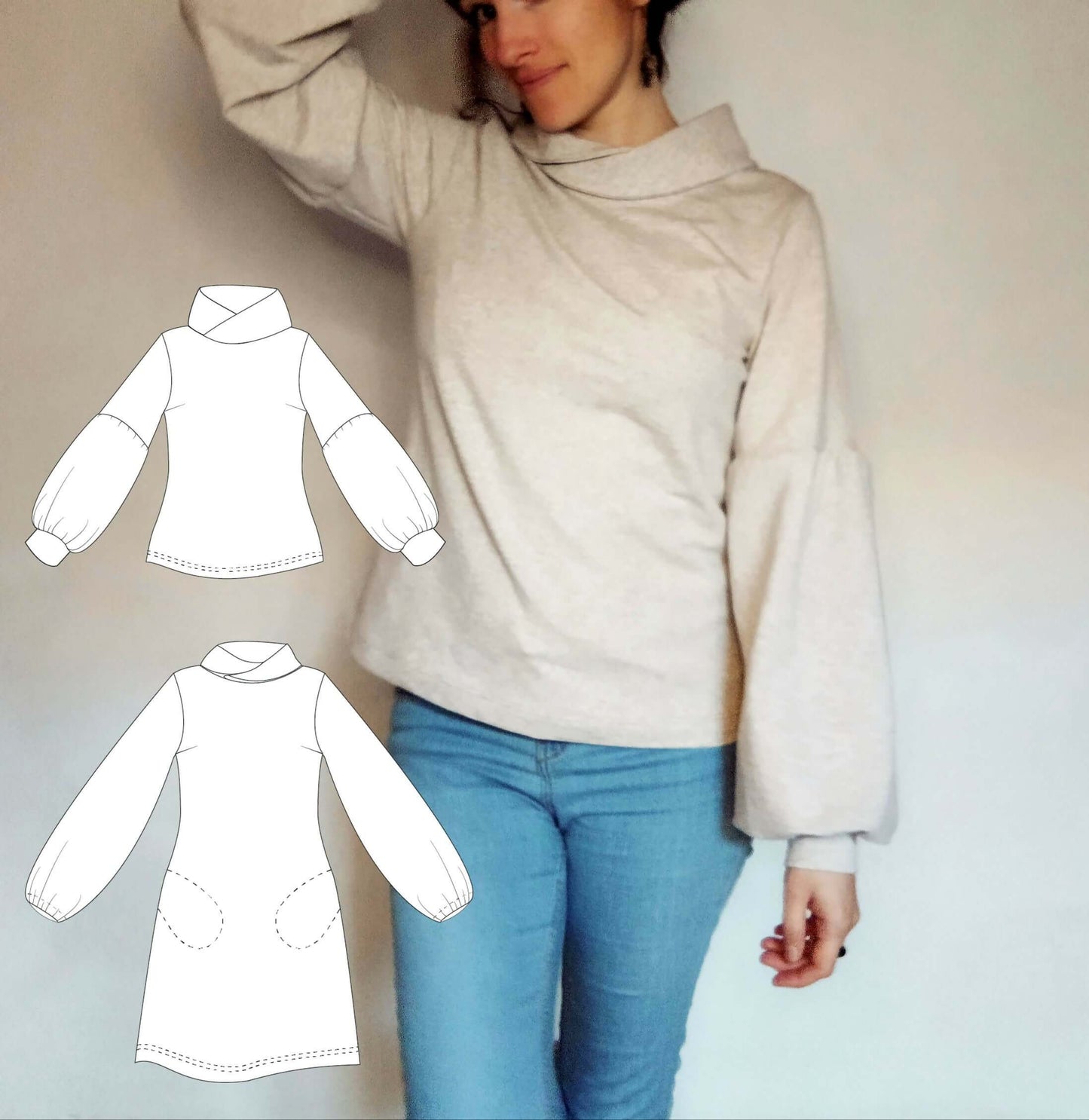 Sweat "Mapulin" du 32 au 60 avec patron de couture pdf à télécharger, manches bouffantes et col croisé.