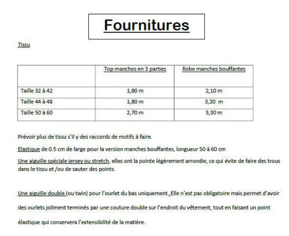Tableau des fournitures pour Sweat "Mapulin" du 32 au 60, patron de couture PDF à télécharger, avec tailles et recommandations de tissu.