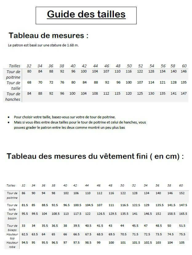 Guide des tailles pour Sweat "Mapulin" du 32 au 60, patron de couture pdf à télécharger, tableau de mesures en cm.