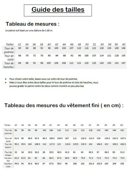 Guide des tailles pour Sweat "Mapulin" du 32 au 60, patron de couture pdf à télécharger, tableau de mesures en cm.