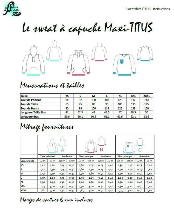 Tableau des tailles et fournitures pour le Sweat Maxi-TITUS du XS au XXXL, patron de couture pdf à télécharger.