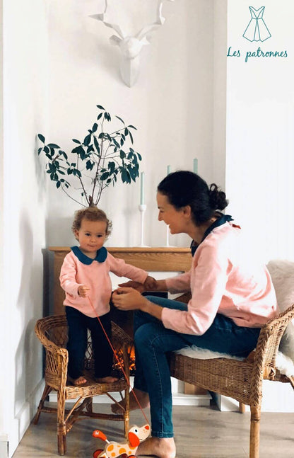 Mère et enfant portant le Sweat Niki - Enfant avec col claudine. Patron de couture PDF à télécharger disponible.