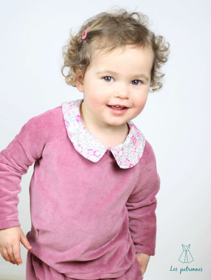 Enfant portant le Sweat Niki - Enfant avec col Claudine, montrant le confort du patron de couture pdf à télécharger.