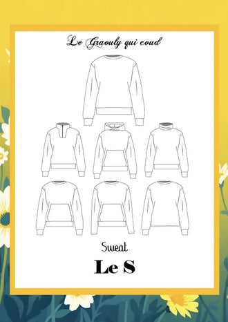 Illustration du Sweat S pour Lui, patron de couture PDF à télécharger, incluant divers styles : col rond, boule, et capuche.