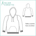 Patron de couture PDF Sweat TITUS du 2 au 16 Ans avec capuche et poche kangourou, tailles disponibles, dessin du modèle.